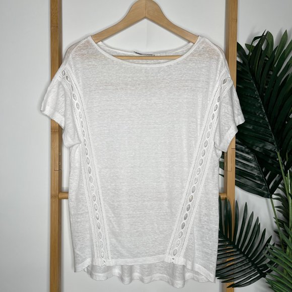 Country Road White Linen T-Shirt Top Size XS Short Sleeve Lace Insert Womens - Picture 2 of 9